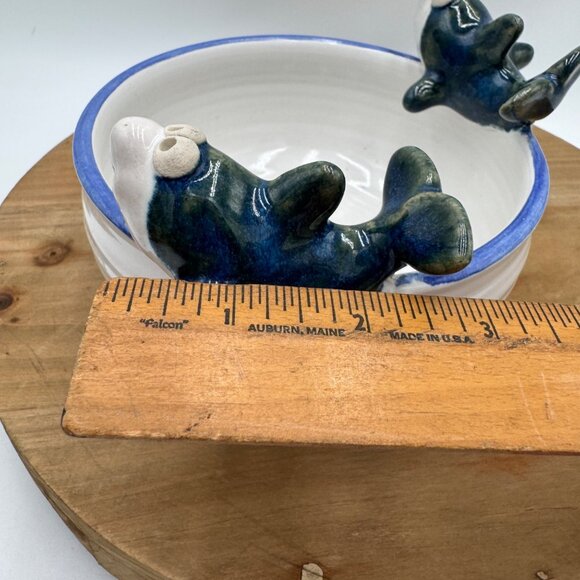 John Nishio Studio Art Pottery Bowl 2 Happy Dolphins Sharks Ocean Blue Trim 3D C - Picture 12 of 16